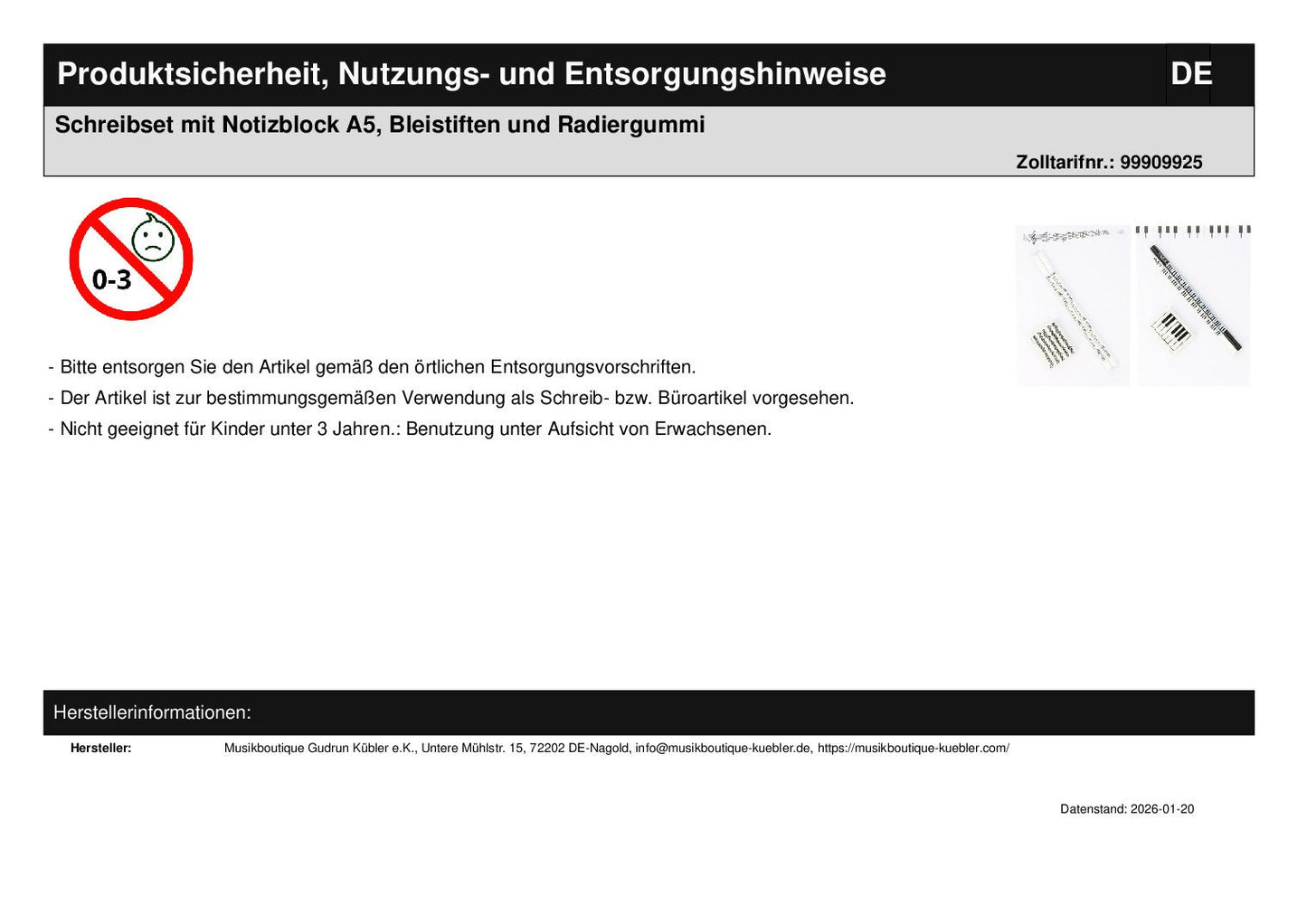 Schreibset mit Notizblock A5, Bleistiften und Radiergummi