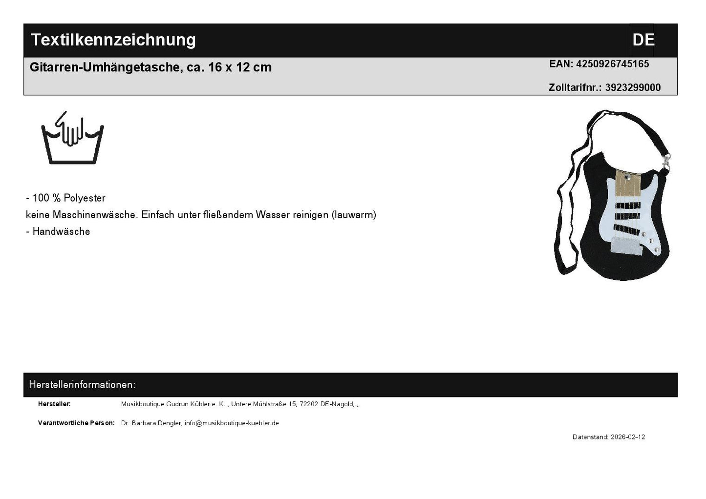 Gitarren-Umhängetasche, ca. 16 x 12 cm