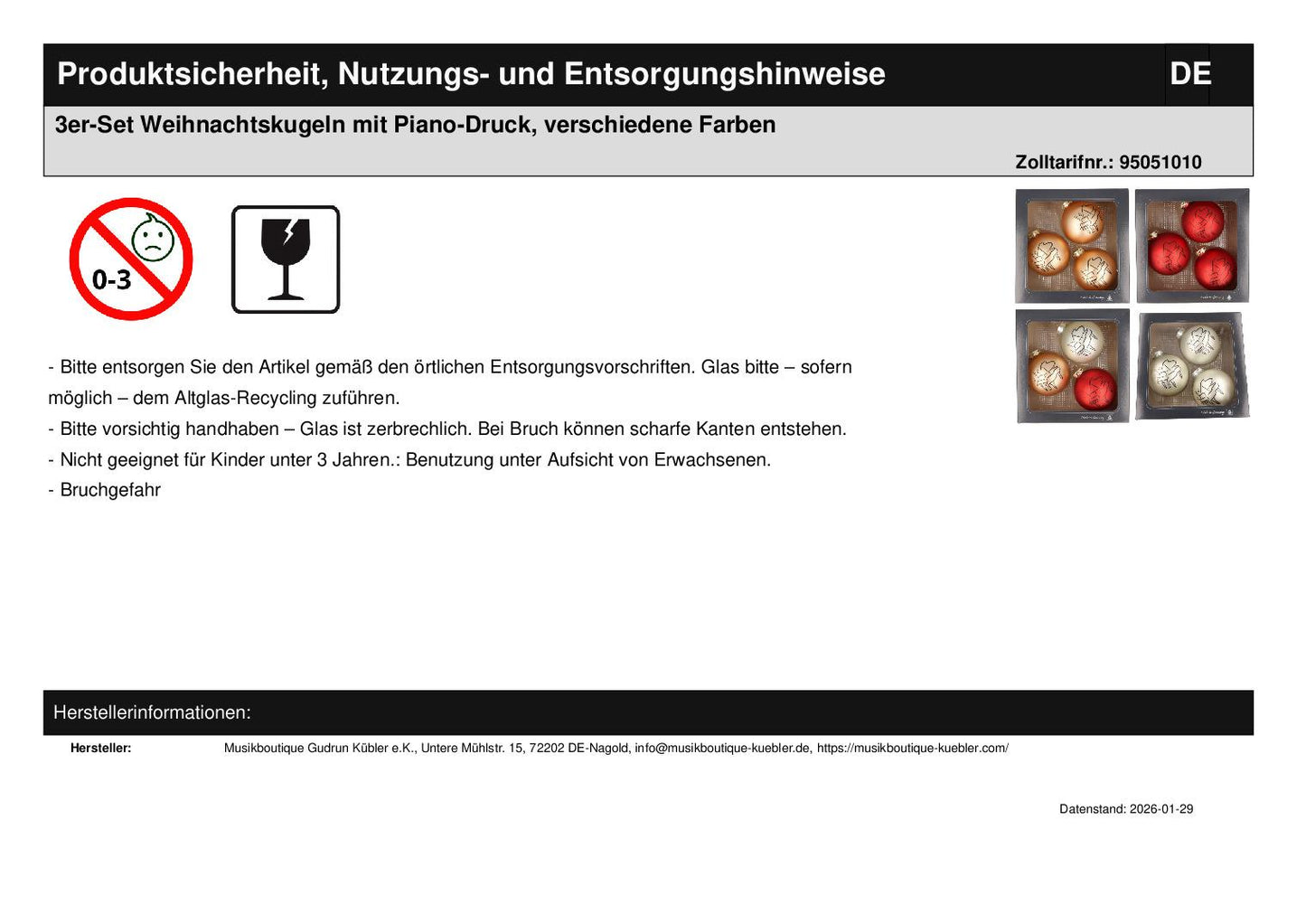 3er-Set Weihnachtskugeln mit Piano-Druck, verschiedene Farben