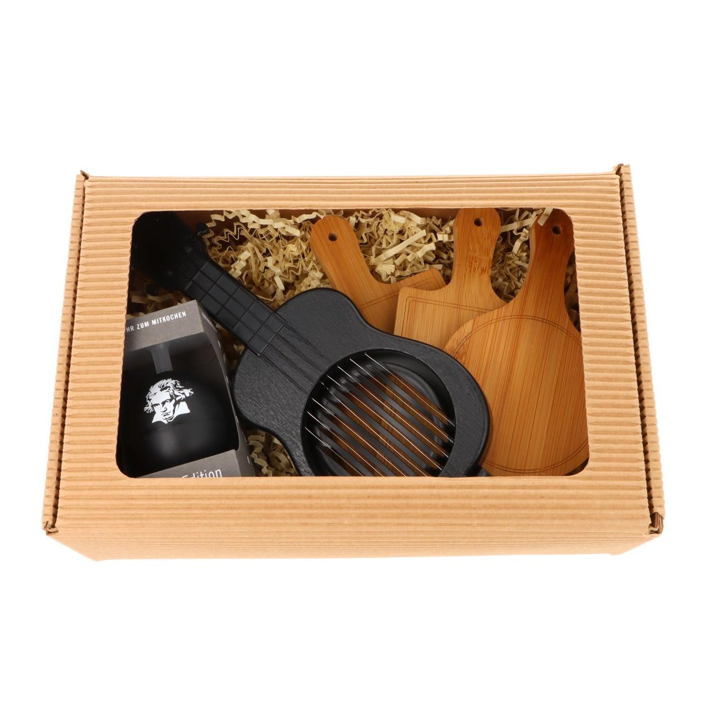 Geschenkset mit musikalischem PiepEi, Ukulele-Eierschneider und Mini-Brettchen in Faltschachtel
