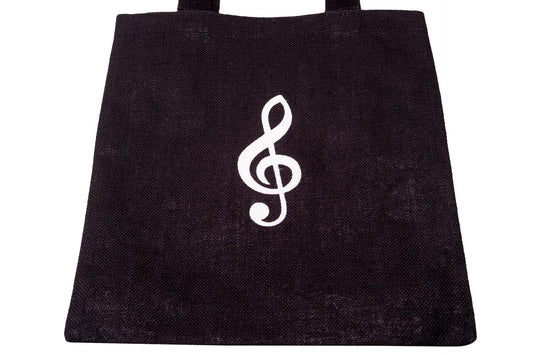Jute-Henkeltasche, schwarz mit weißem Violinschlüssel