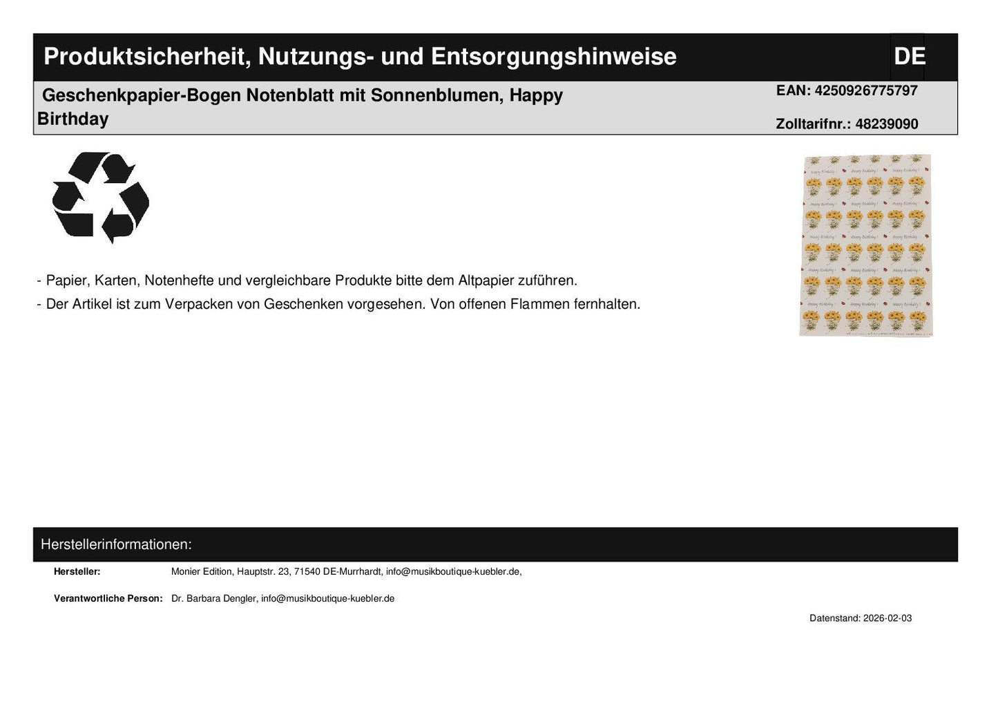 Geschenkpapier-Bogen Notenblatt mit Sonnenblumen, Happy Birthday