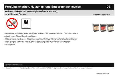 Christmas bauble with concert guitar print (single), various colors