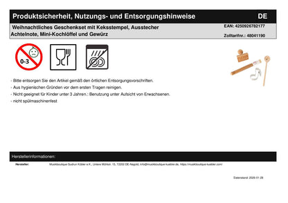 Weihnachtliches Geschenkset mit Keksstempel, Ausstecher Achtelnote, Mini-Kochlöffel und Gewürz