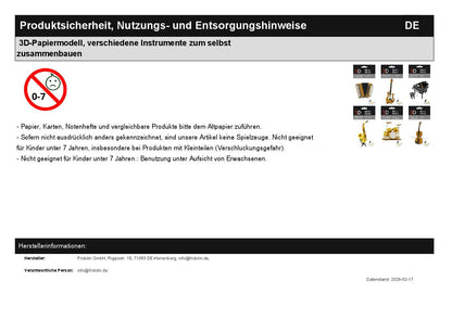3D-Papiermodell, verschiedene Instrumente zum selbst zusammenbauen