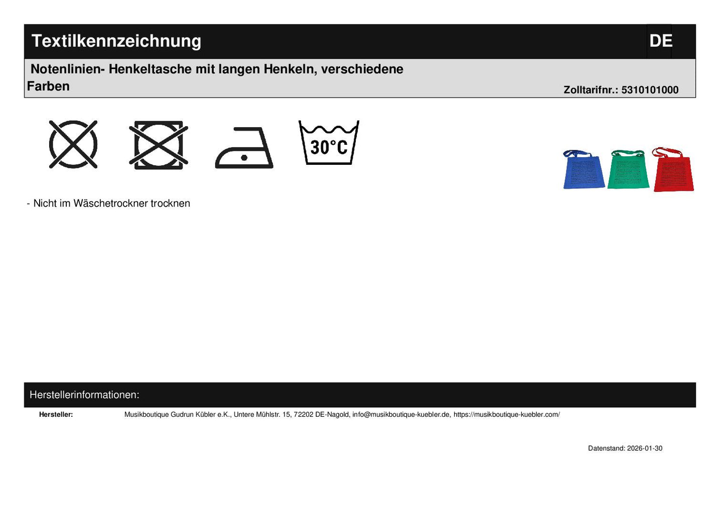 Notenlinien- Henkeltasche mit langen Henkeln, verschiedene Farben