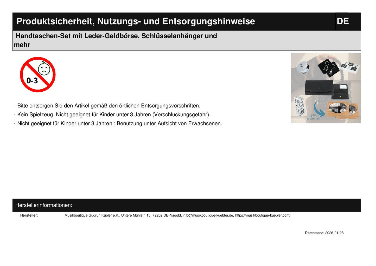 Handbag set with leather wallet, keychain and more