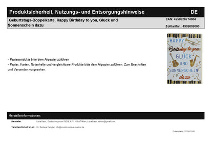 Geburtstags-Doppelkarte, Happy Birthday to you, Glück und Sonnenschein dazu