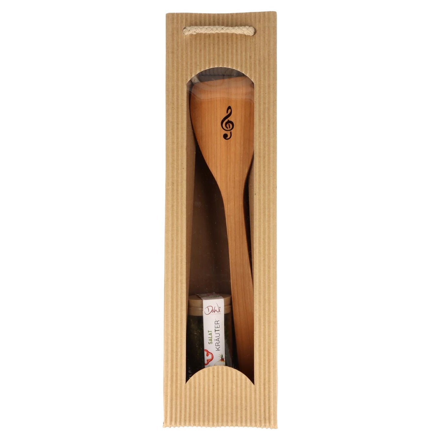 Geschenkset Salatzange mit gelasertem Violinschlüssel/Achtelnote und Salat-Kräuter-Gewürzmischung im Gewürzglas  in Tagetasche