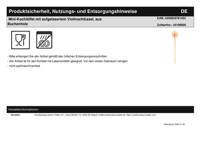 Mini wooden spoon with lasered treble clef, made of beech wood