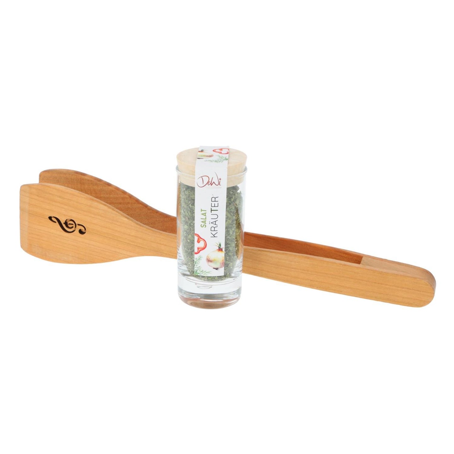 Geschenkset Salatzange mit gelasertem Violinschlüssel/Achtelnote und Salat-Kräuter-Gewürzmischung im Gewürzglas