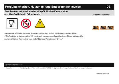 Geschenkset mit musikalischem PiepEi, Ukulele-Eierschneider und Mini-Brettchen in Faltschachtel