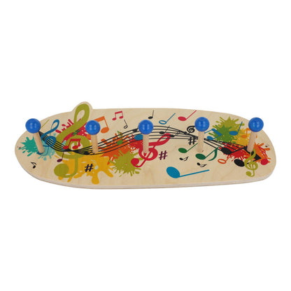Musical children's wooden coat rack with 5 hooks, sheet music