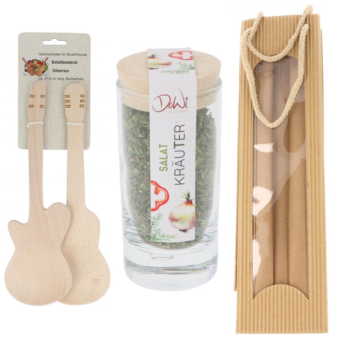 Geschenkset Gitarren-Salatbesteck und Salat-Kräuter-Gewürzmischung im Gewürzglas in Tragetasche