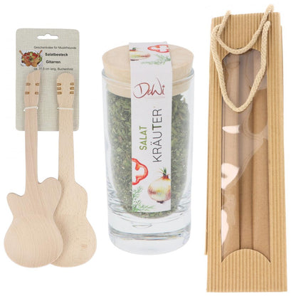 Geschenkset Gitarren-Salatbesteck und Salat-Kräuter-Gewürzmischung im Gewürzglas in Tragetasche