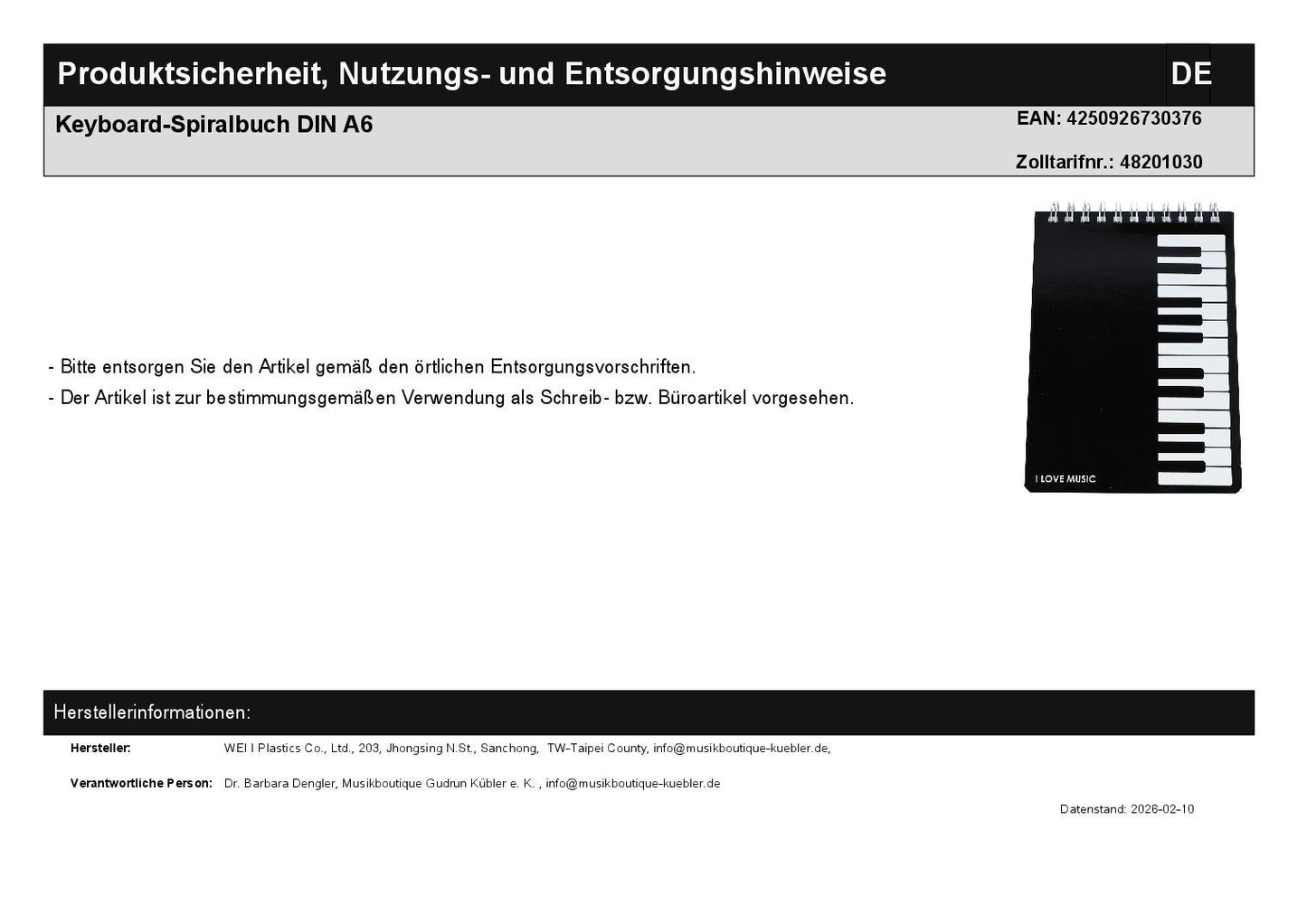 Keyboard spiral book DIN A6