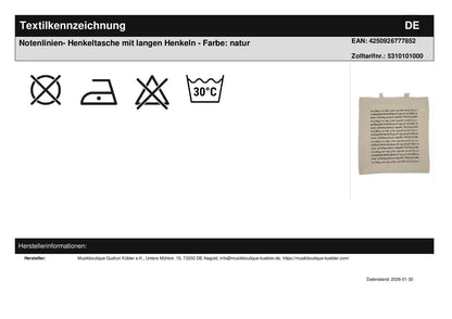 Notenlinien- Henkeltasche mit langen Henkeln - Farbe: natur