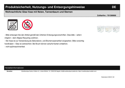 Weihnachtliche Glas-Vase mit Noten, Tannenbaum und Sternen