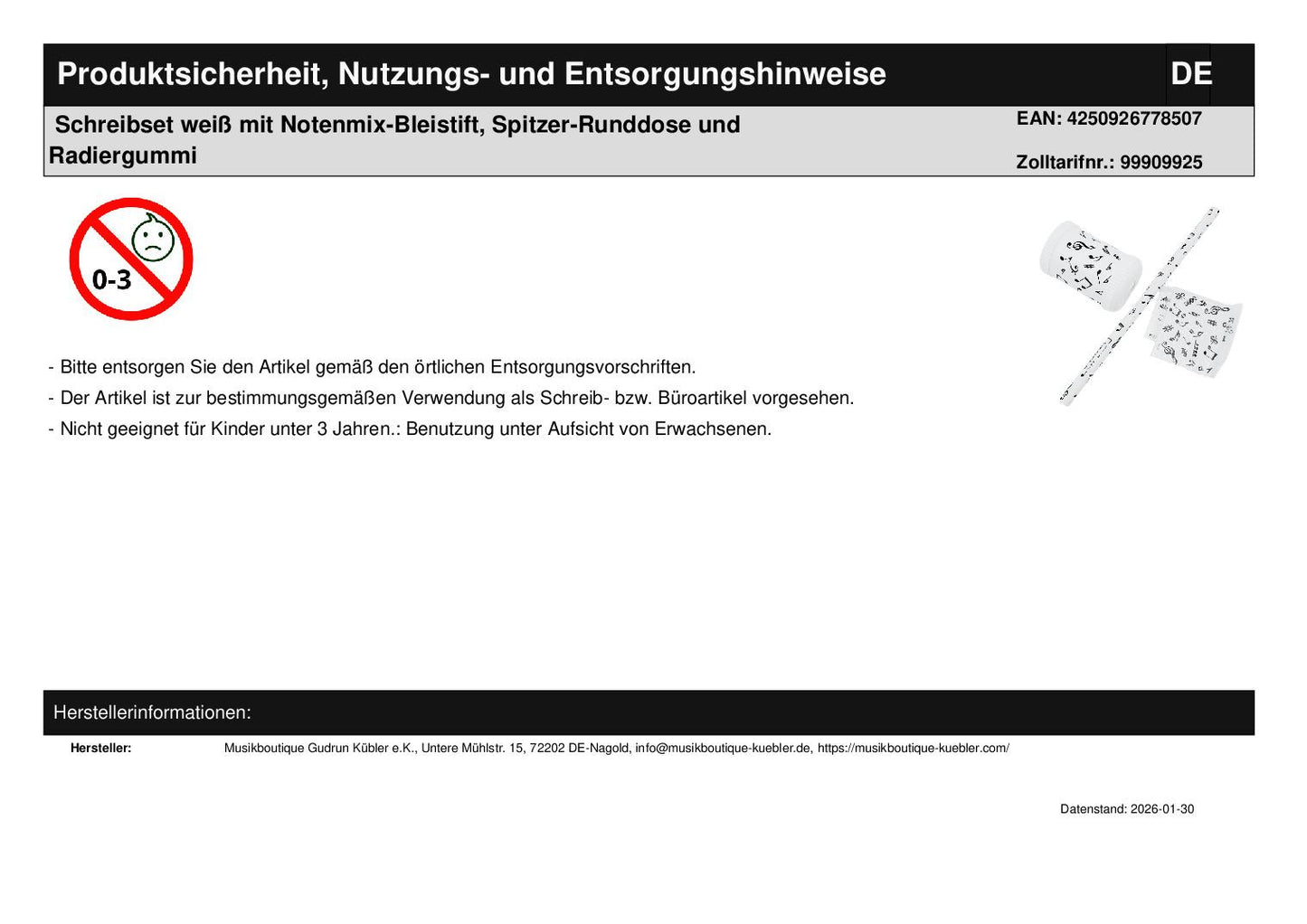 Schreibset weiß mit Notenmix-Bleistift, Spitzer-Runddose und Radiergummi
