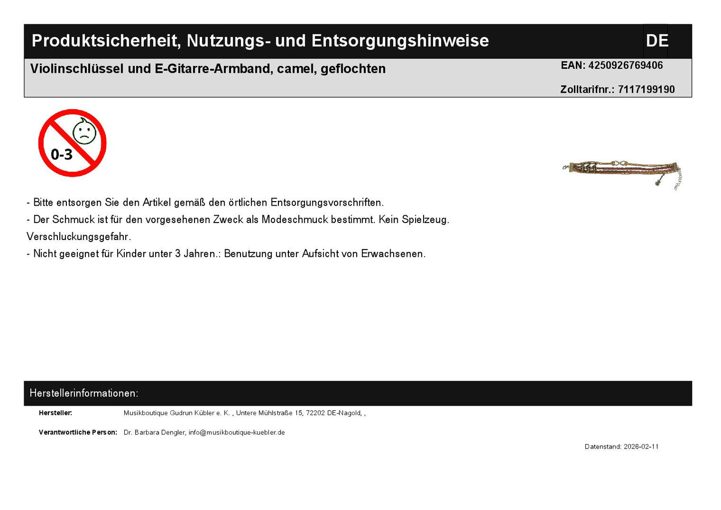 Violinschlüssel und E-Gitarre-Armband, camel, geflochten