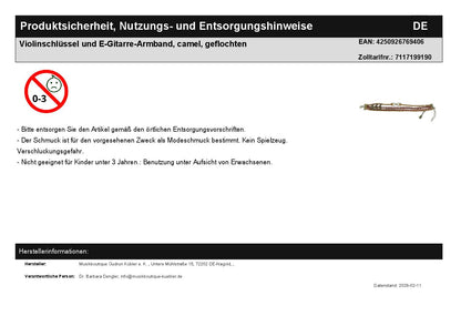 Violinschlüssel und E-Gitarre-Armband, camel, geflochten