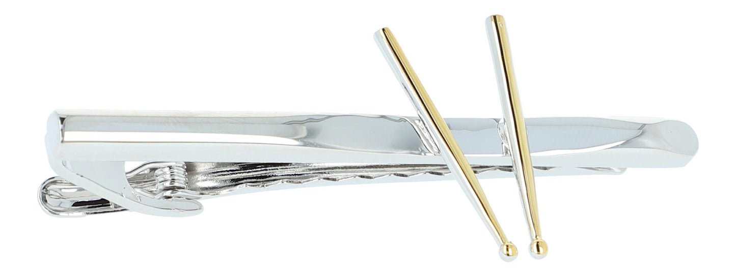 silberne Krawattenklammer mit goldenen Drumsticks, Stick, Schlägel