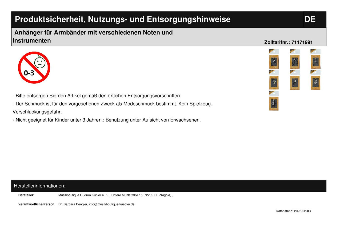 Anhänger für Armbänder mit verschiedenen Noten und Instrumenten