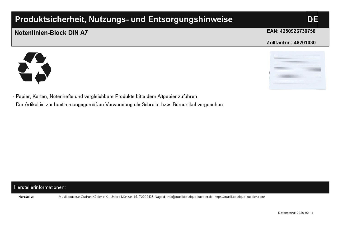Notenlinien-Block DIN A7