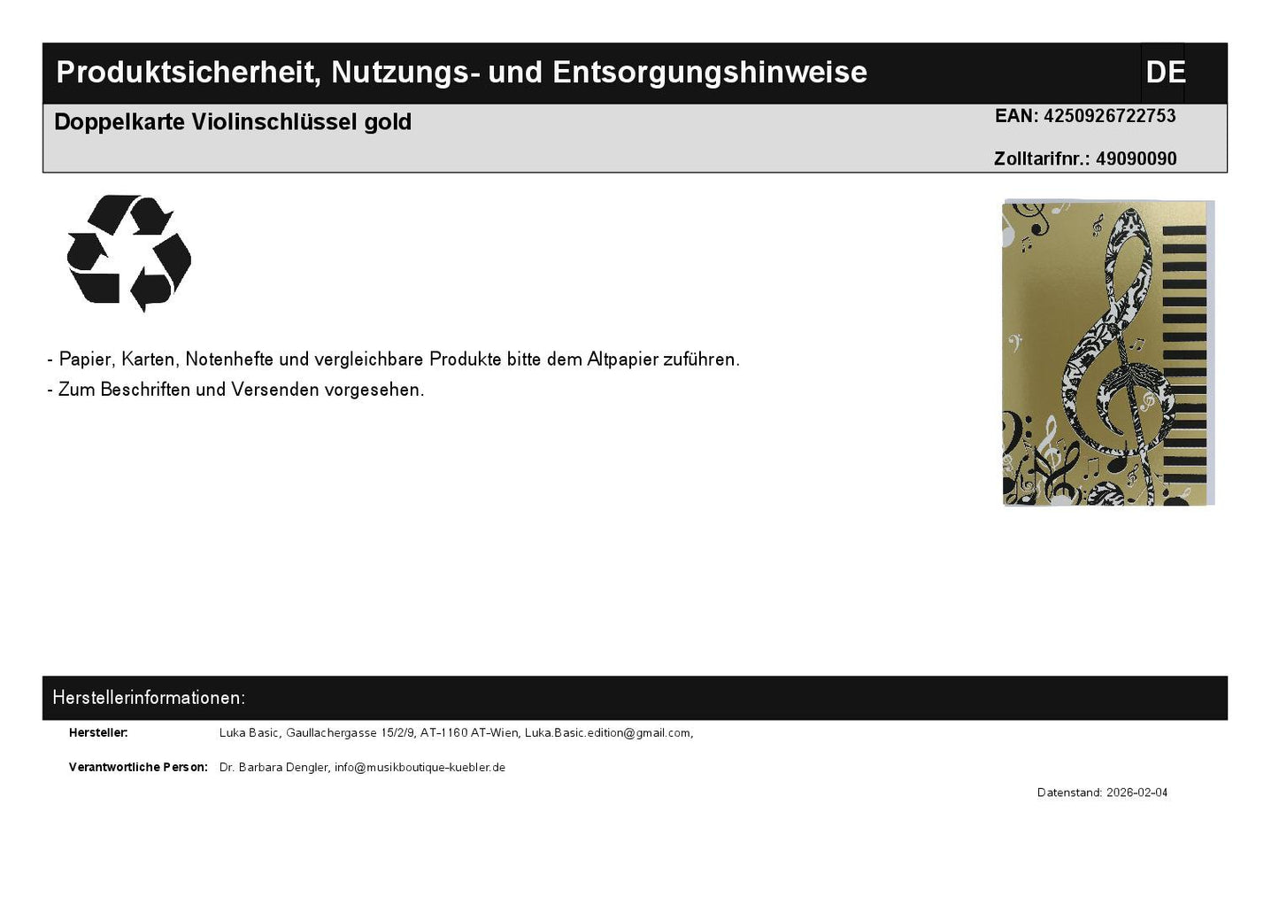 Double card treble clef gold