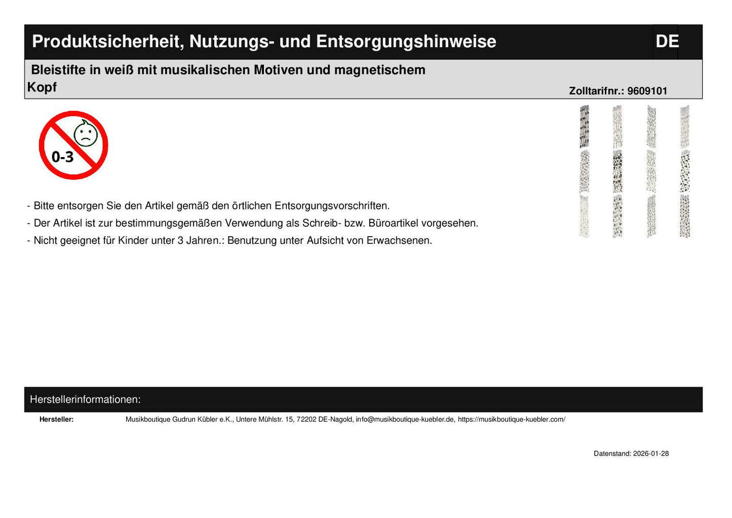 Pencils in white with musical motifs and magnetic head