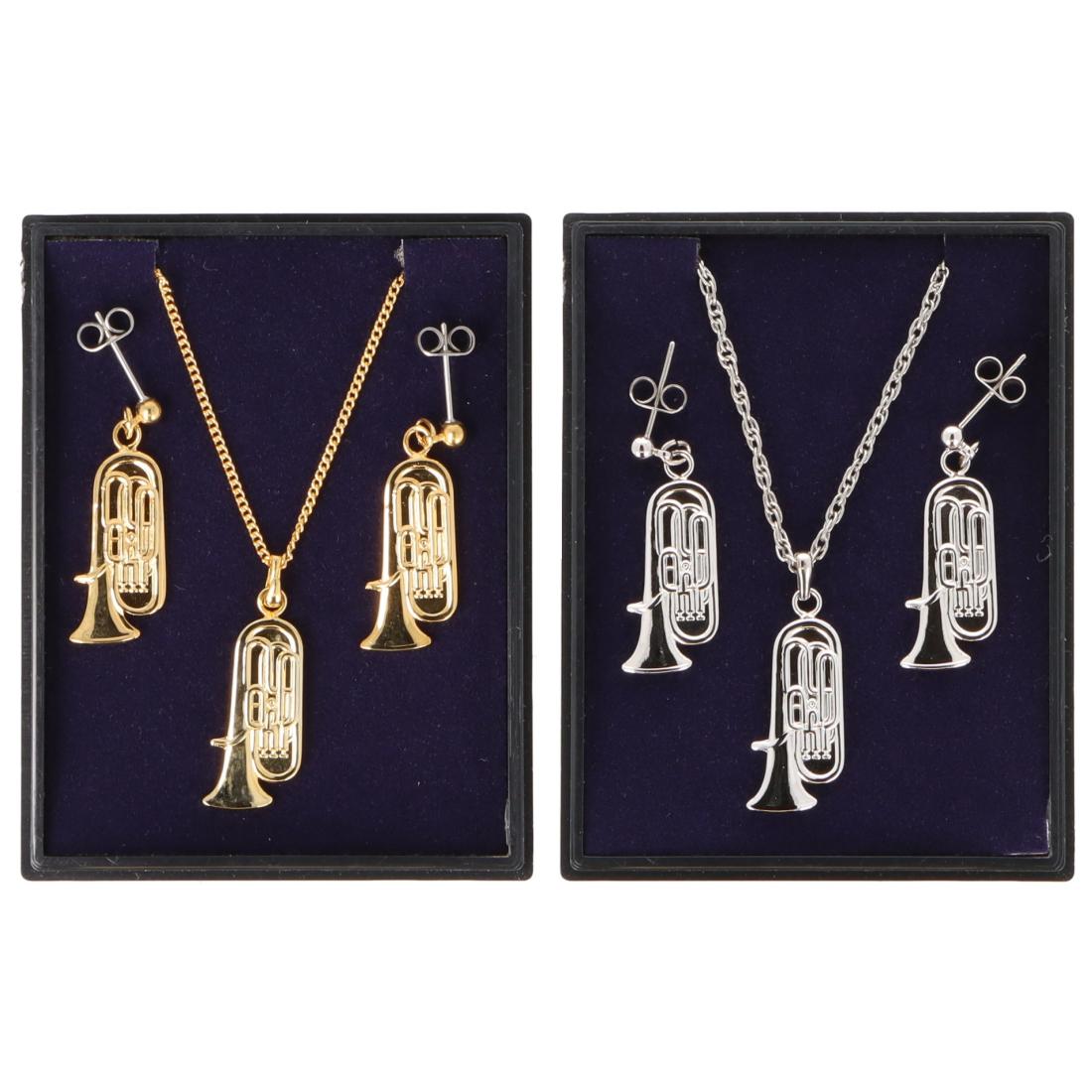 Tuba Ohrhänger und Anhänger mit Kette in Displaybox, versilbert oder vergoldet, Blasmusik