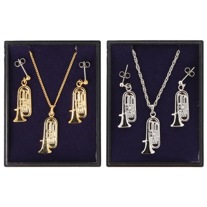 Tuba Ohrhänger und Anhänger mit Kette in Displaybox, versilbert oder vergoldet, Blasmusik