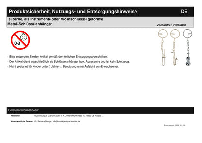 silver metal keychains shaped as instruments or treble clefs