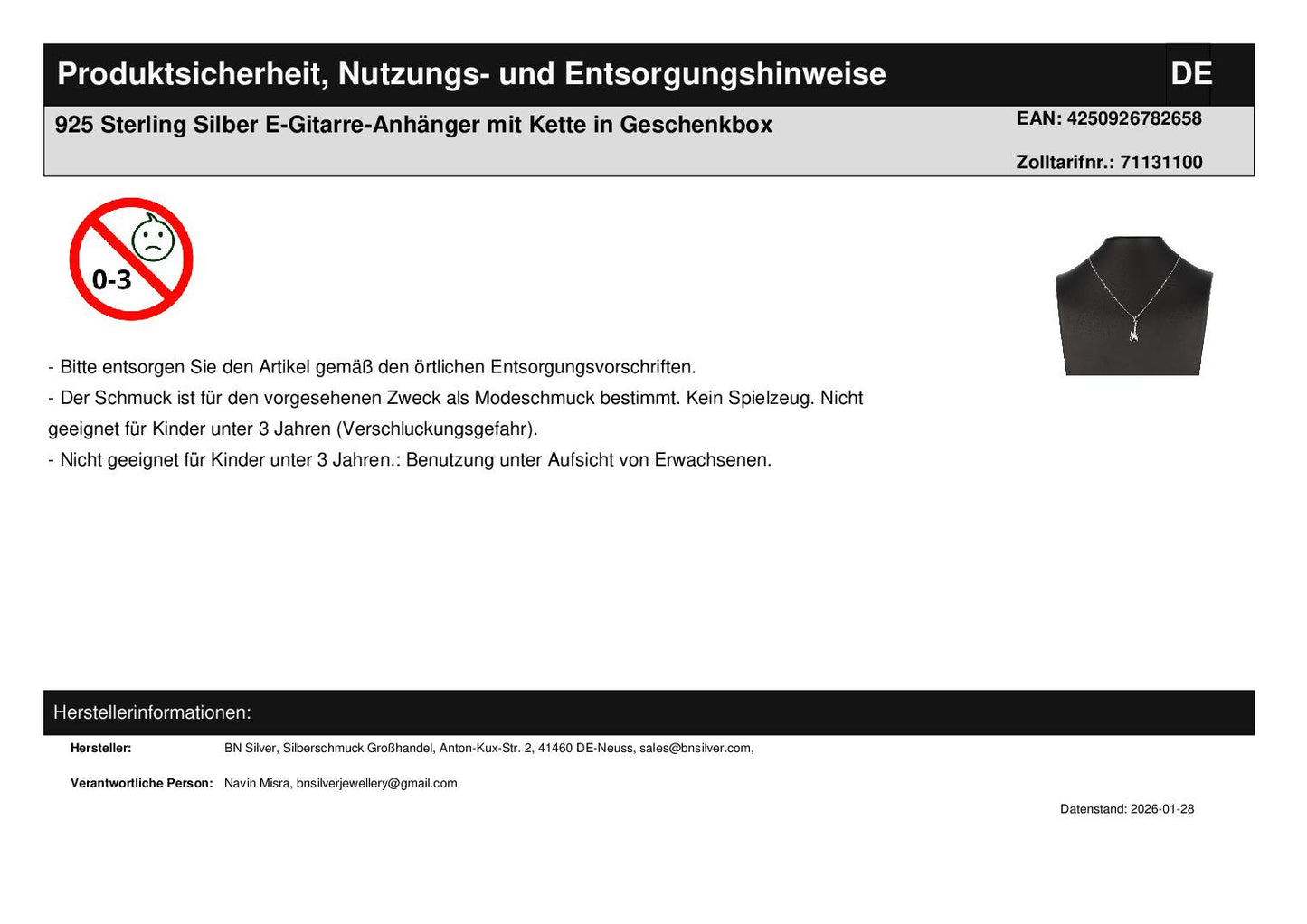 925 Sterling Silver Electric Guitar Pendant with Chain in Gift Box