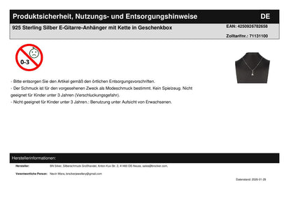 925 Sterling Silver Electric Guitar Pendant with Chain in Gift Box