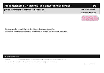 pinkes Stiftmäppchen mit weißen Notenlinien