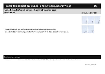 weiße Schnellhefter mit verschiedenen Instrumenten oder Notenzeichen