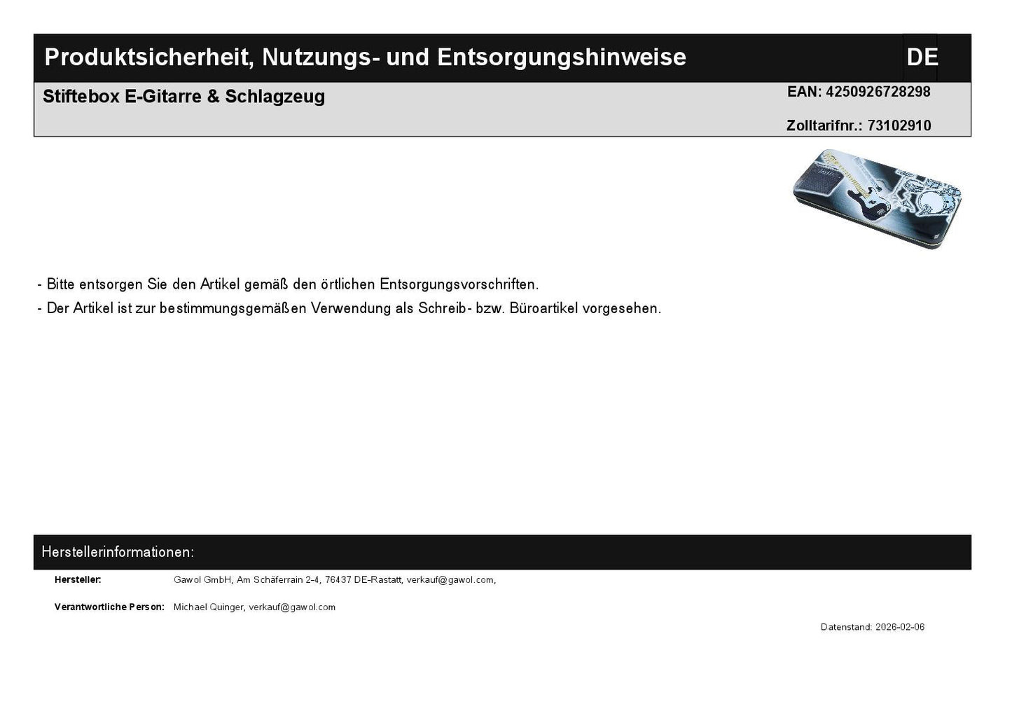Stiftebox E-Gitarre & Schlagzeug