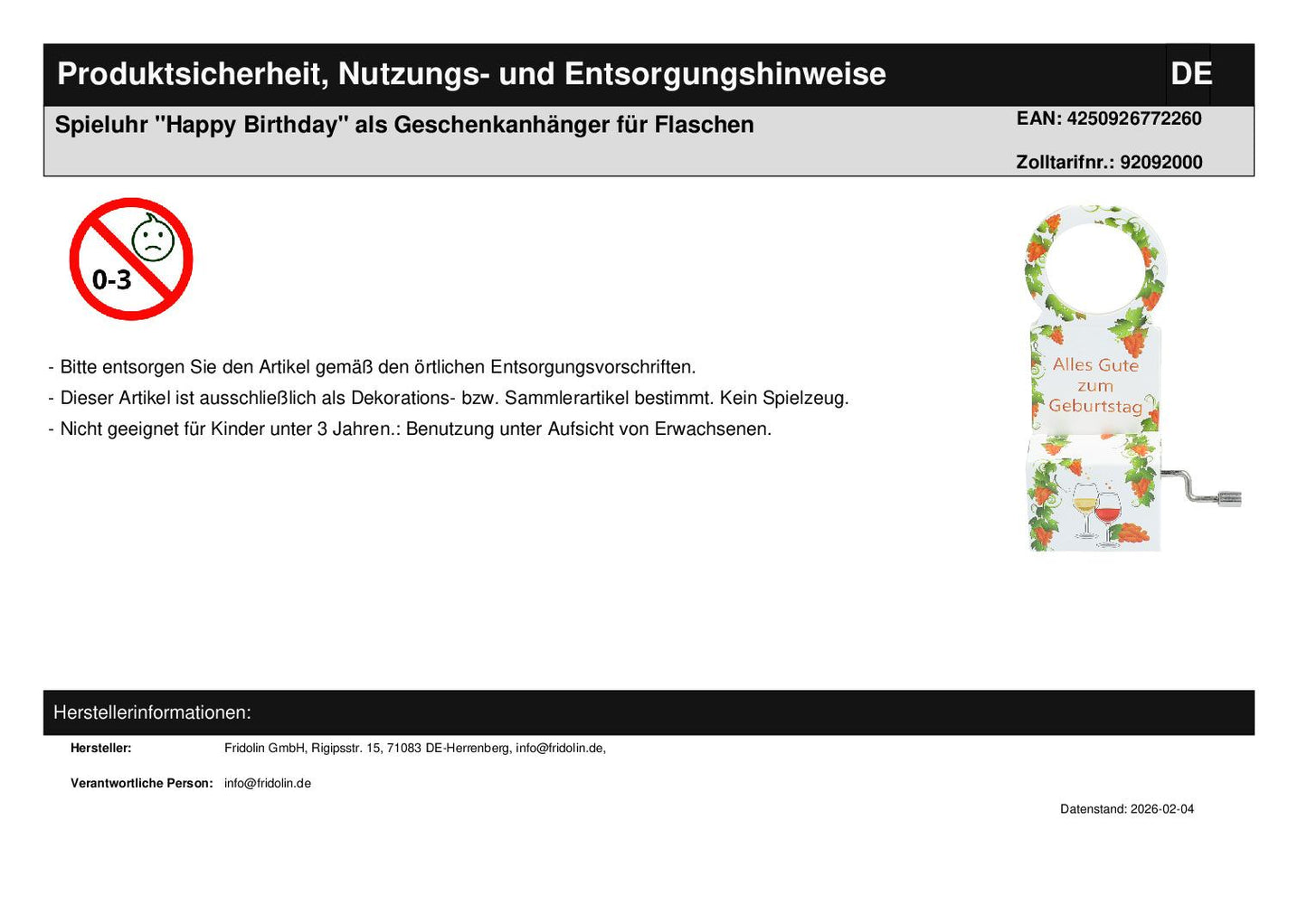 Spieluhr "Happy Birthday" als Geschenkanhänger für Flaschen
