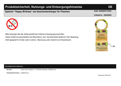 Spieluhr "Happy Birthday" als Geschenkanhänger für Flaschen