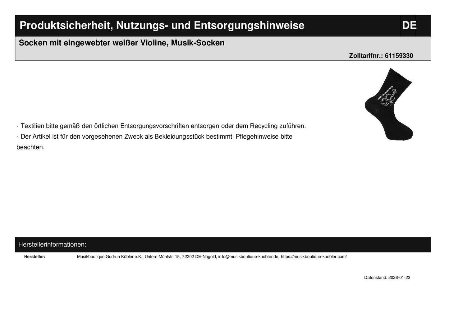Socken mit eingewebter weißer Violine, Musik-Socken
