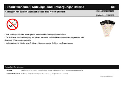 12 Bögen mit bunten Violinschlüssel- und Noten-Stickern