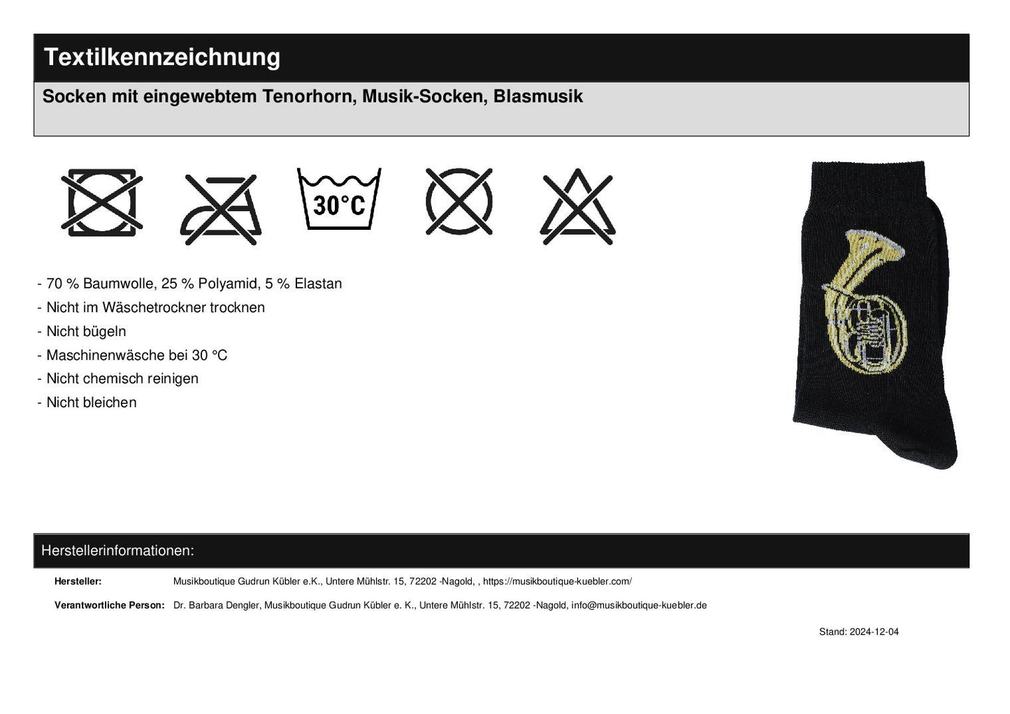 Socken mit eingewebtem Tenorhorn, Musik-Socken, Blasmusik