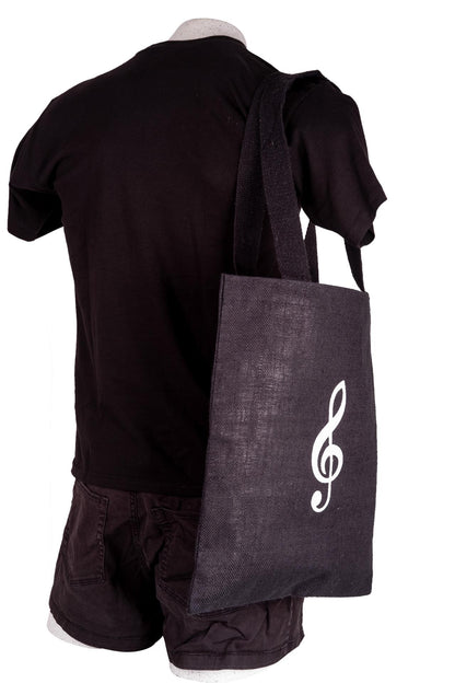 Jute-Henkeltasche, schwarz mit weißem Violinschlüssel
