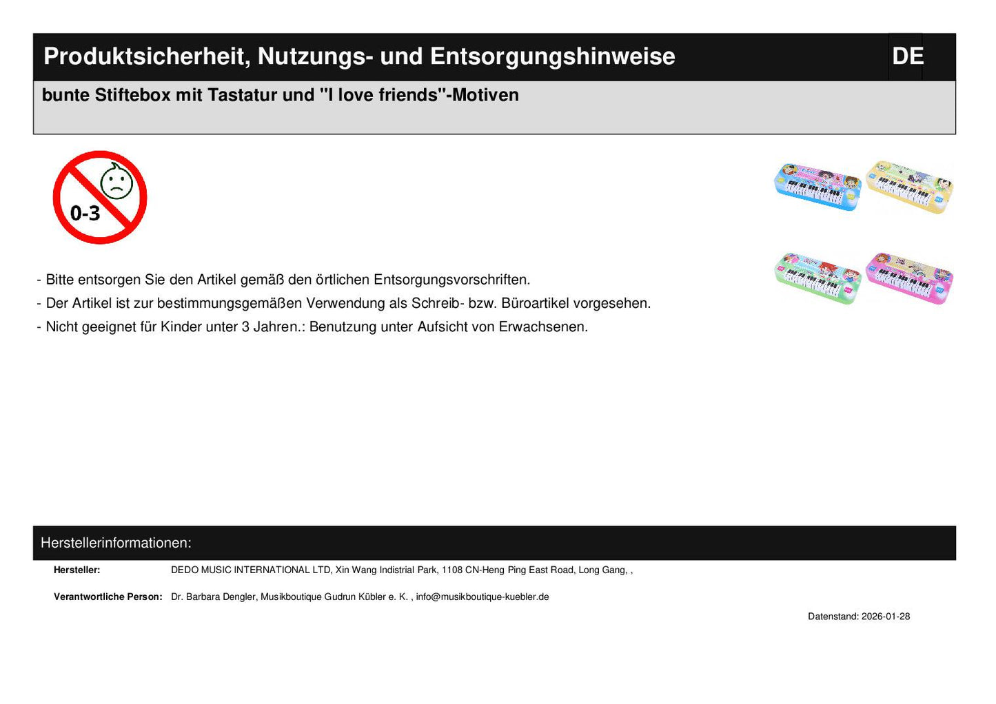 bunte Stiftebox mit Tastatur und "I love friends"-Motiven