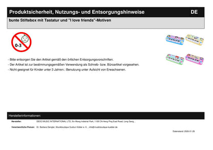 bunte Stiftebox mit Tastatur und "I love friends"-Motiven