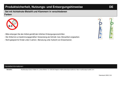 Set mit Achtelnote-Bleistift und Klammern in verschiedenen Farben