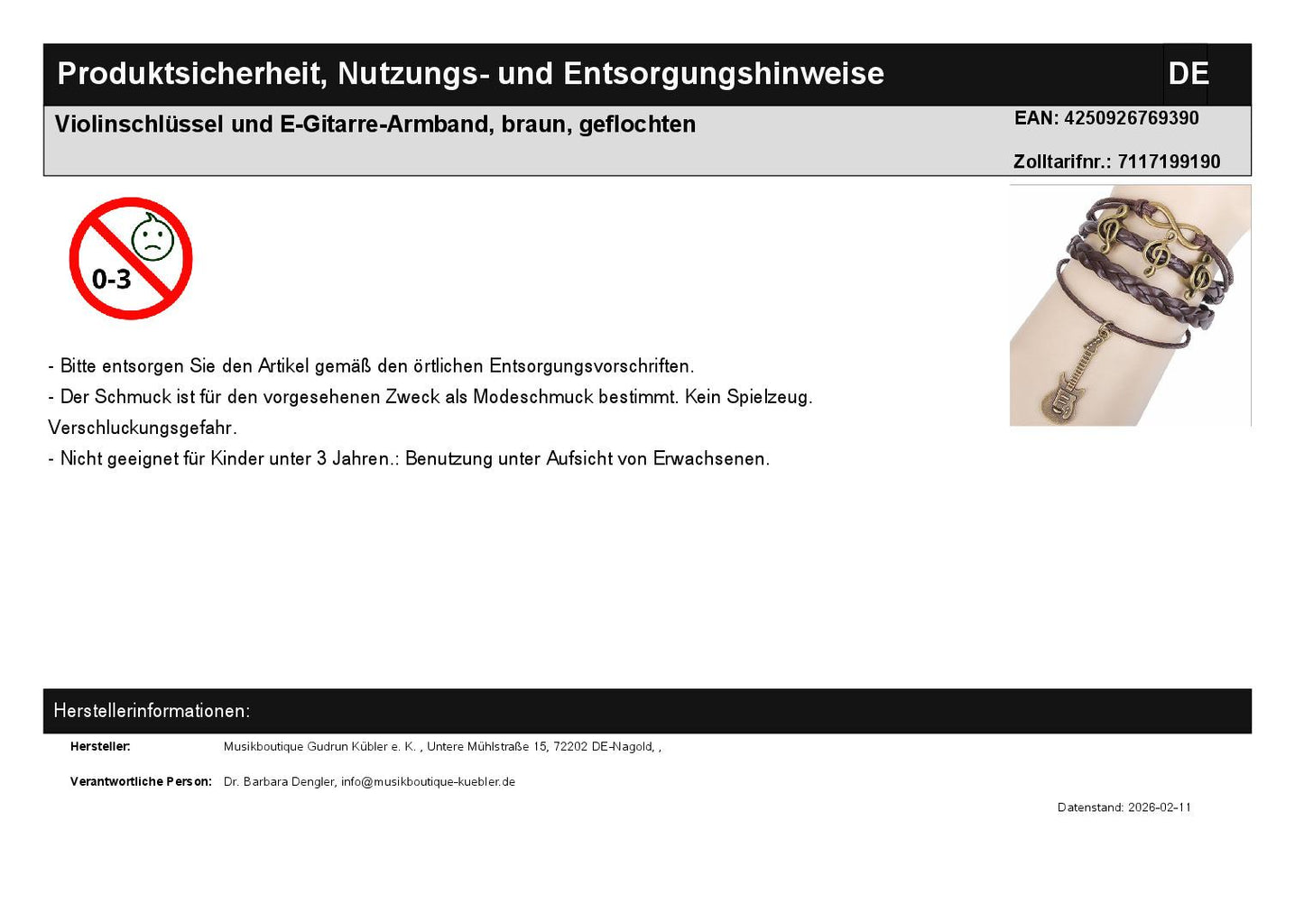 Violinschlüssel und E-Gitarre-Armband, braun, geflochten