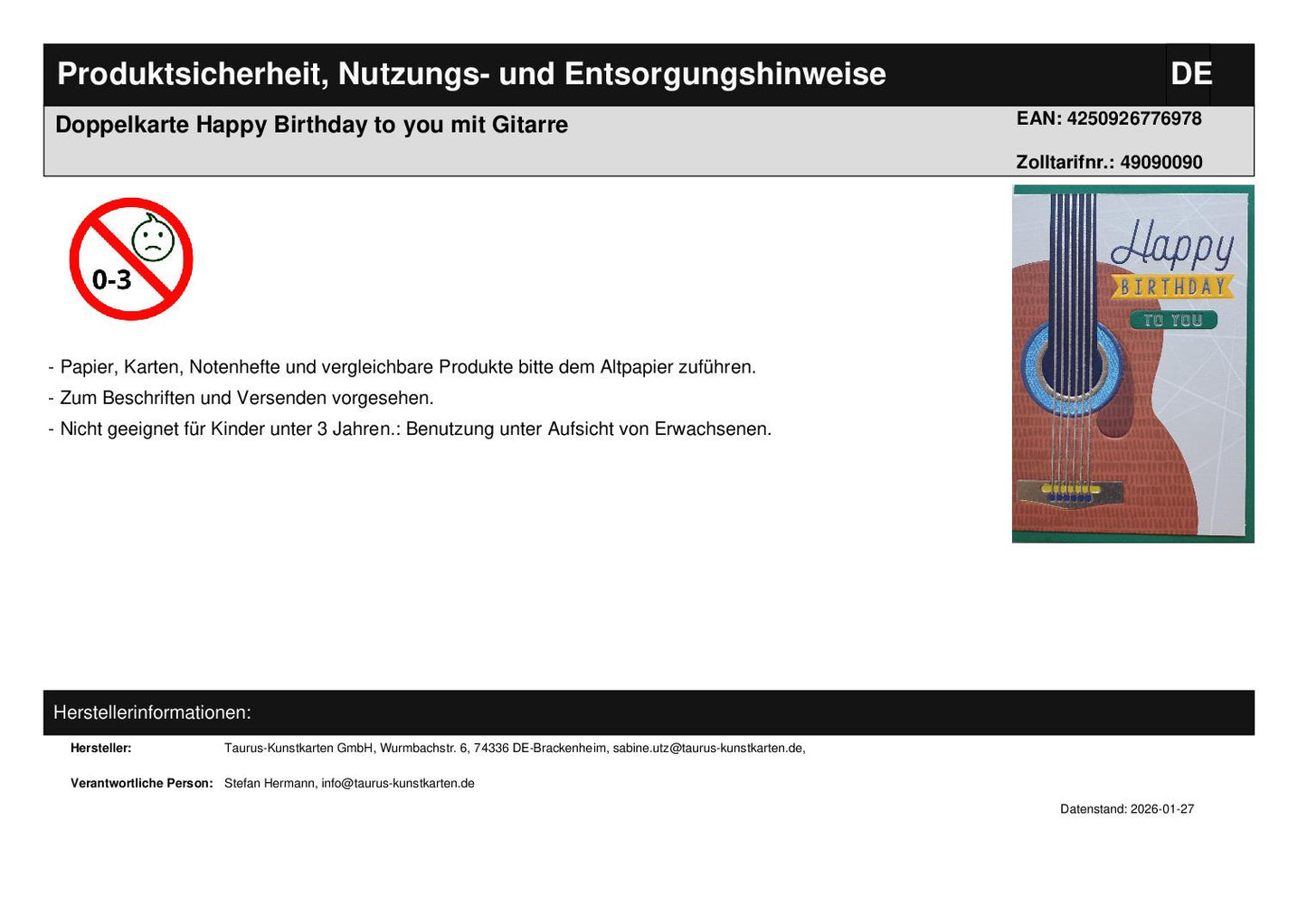 Doppelkarte Happy Birthday to you mit Gitarre