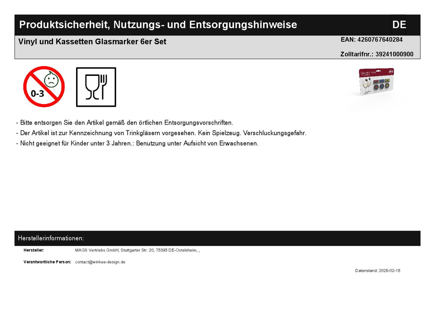 Vinyl und Kassetten Glasmarker 6er Set